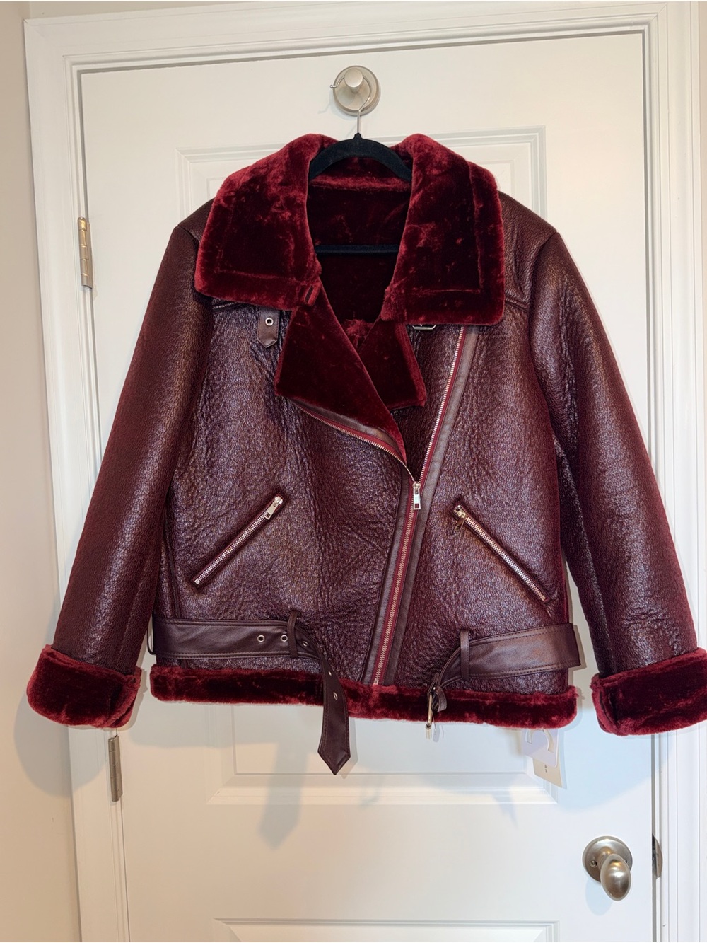 Commense Women’s Burgundy/Brown Vegan Shearling/Leather Moto Jacket - Picture 7 of 16